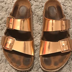 Metallic Copper Birkenstocks, Soft Footbed